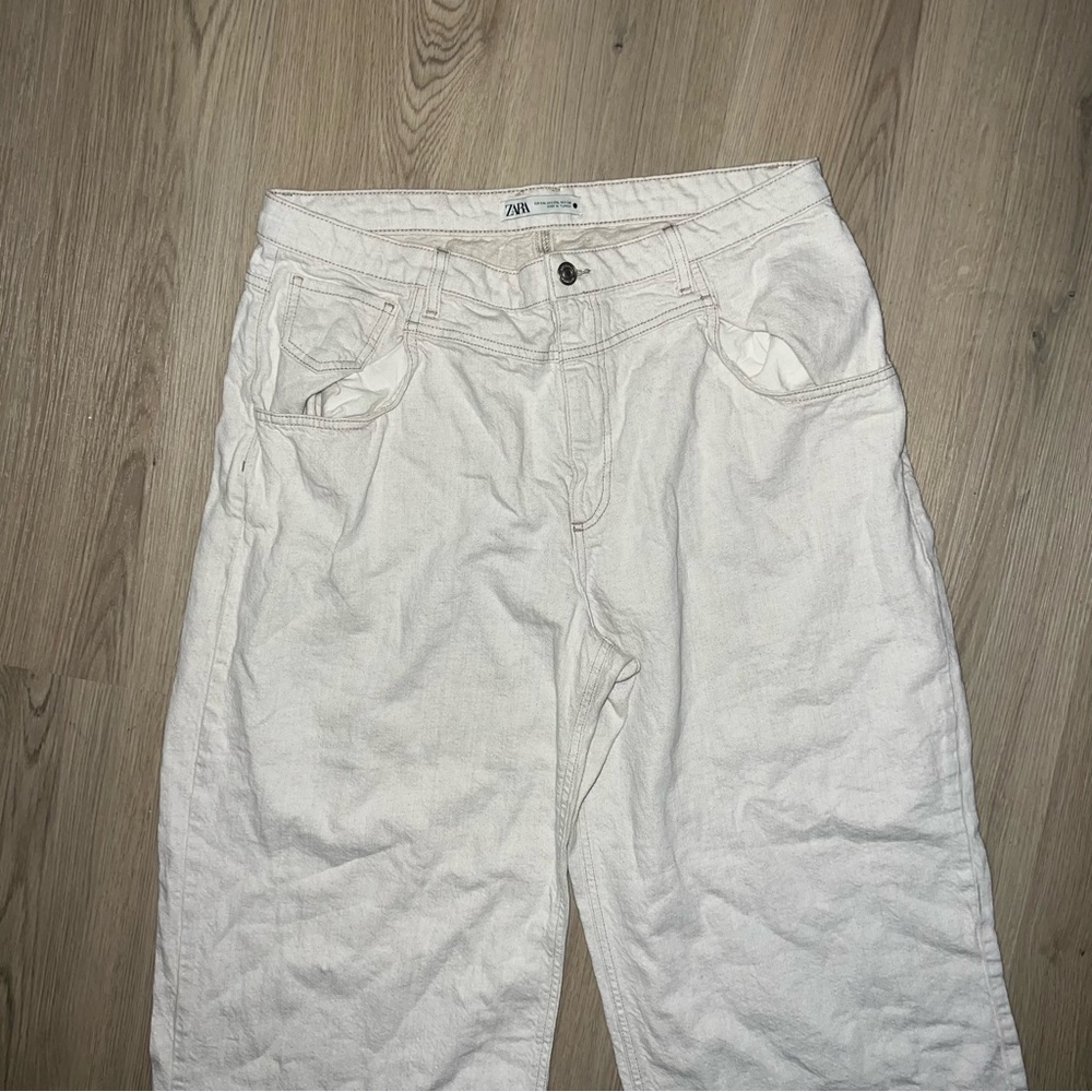 Zara Wide Leg Pants Women’s Size 14 Cotton Linen Relaxed Fit High Rise Neutral - Picture 11 of 15